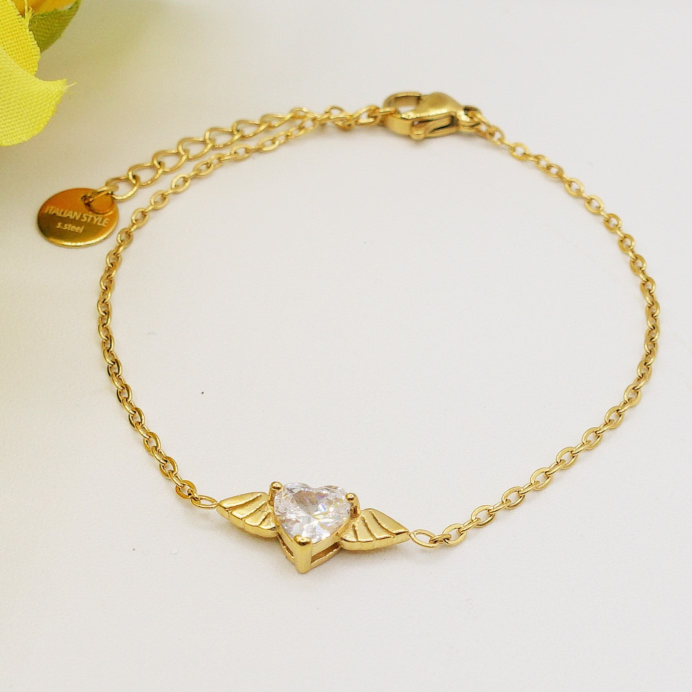 ANGEL SET - Acciaio Inossidabile- collana e bracciale con pendente cuore con ali in cubic zirconia