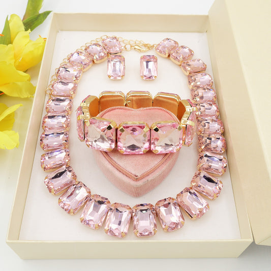 MARGOT SET - PINK SET - Collier orecchini e bracciale con pietre sfaccettate