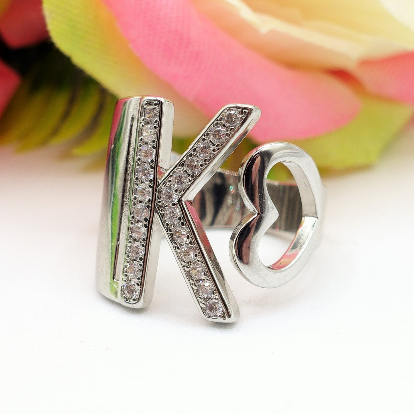 Anello iniziale XL ~ Anello regolabile cuore e cubic zirconia