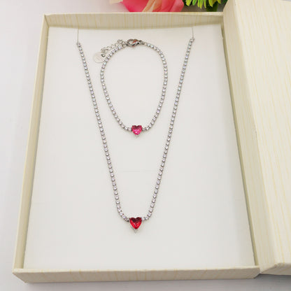 AURORA RED SET ~ Acciaio Inossidabile - Collana, bracciale tennis + Anello in cubic zirconia