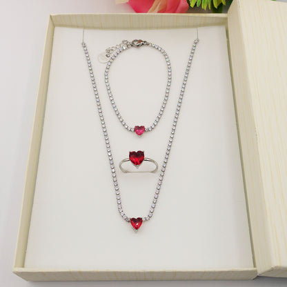 AURORA RED SET ~ Acciaio Inossidabile - Collana, bracciale tennis + Anello in cubic zirconia