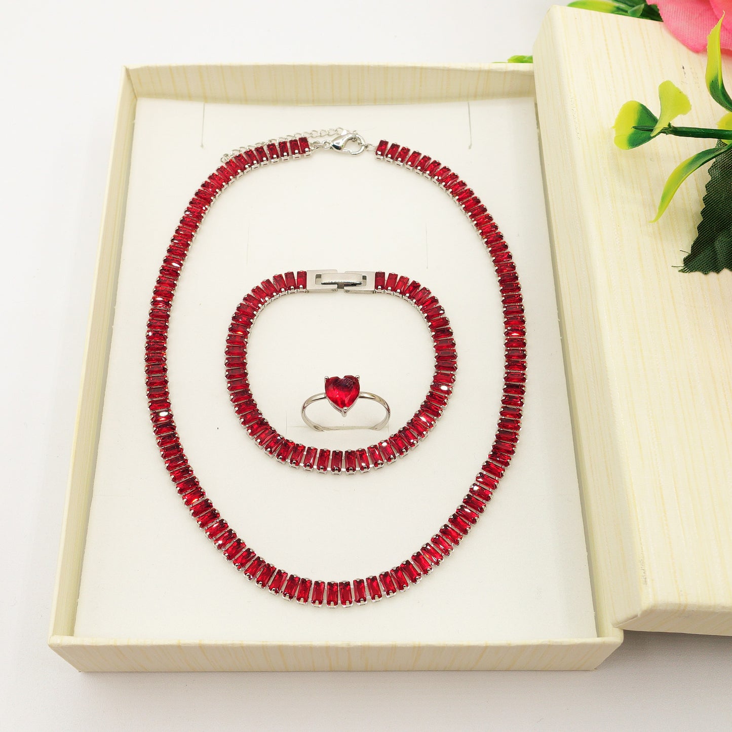JULIANNE Red set - ACCIAIO INOSSIDABILE- set choker bracciale tennis e anello in cubic zirconia