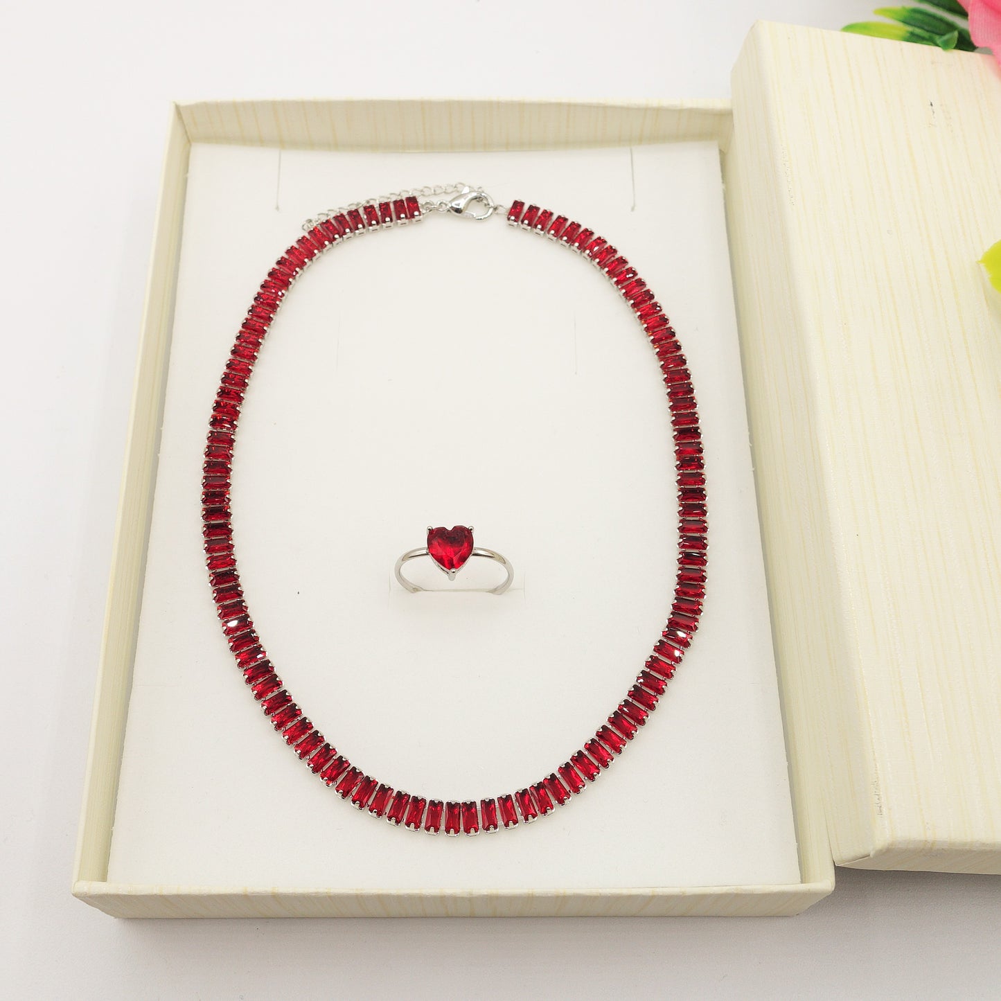 JULIANNE Red set - ACCIAIO INOSSIDABILE- set choker bracciale tennis e anello in cubic zirconia