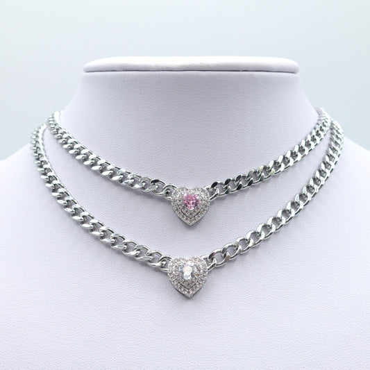 JASMINE ~ ACCIAIO INOSSIDABILE - collana choker in catena con Cubic zirconia a forma di cuore