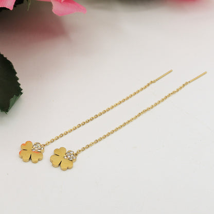 SHINY CLOVER - ACCIAIO inossidabile ~ Paio Orecchini filo pendenti con cubic zirconia - saliscendi