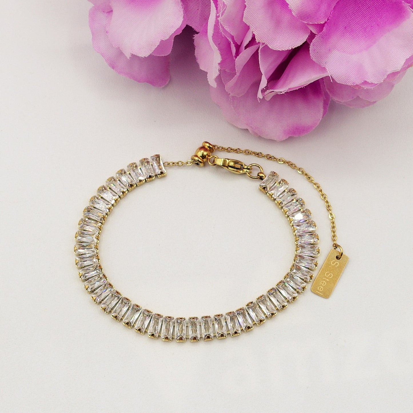 JULIANNE regolabile ~ BRACCIALE Tennis inacciaio inossidabile con Cubic Zirconia Taglio baguette