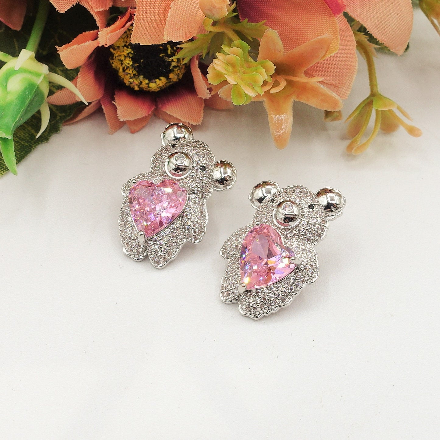 KOKO ~ orecchini bottone orsetto cuore con cubic zirconia