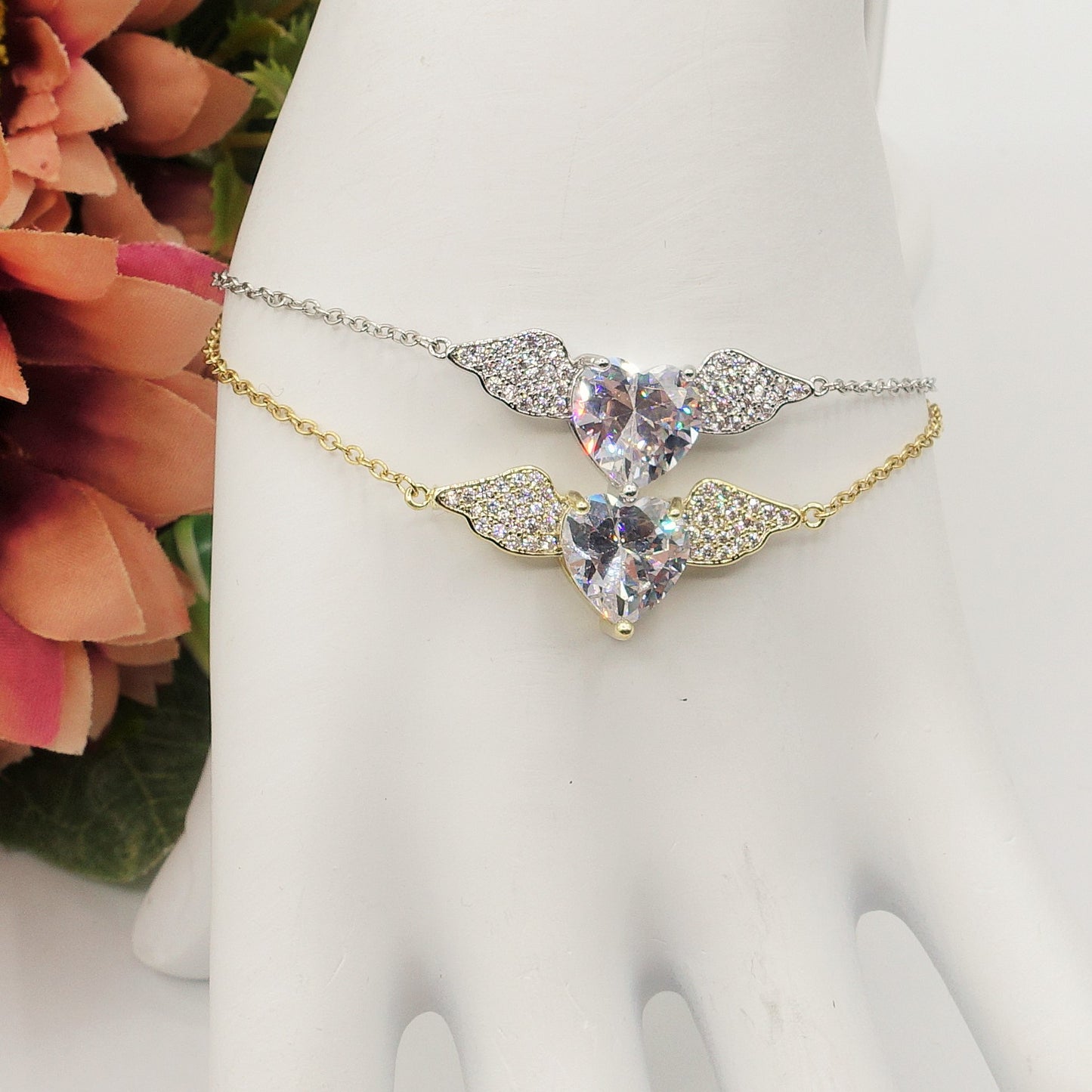 ANGEL CRYSTAL Bracciale - ACCIAIO INOSSIDABILE- Bracciale CUORE con ali in cubic zirconia