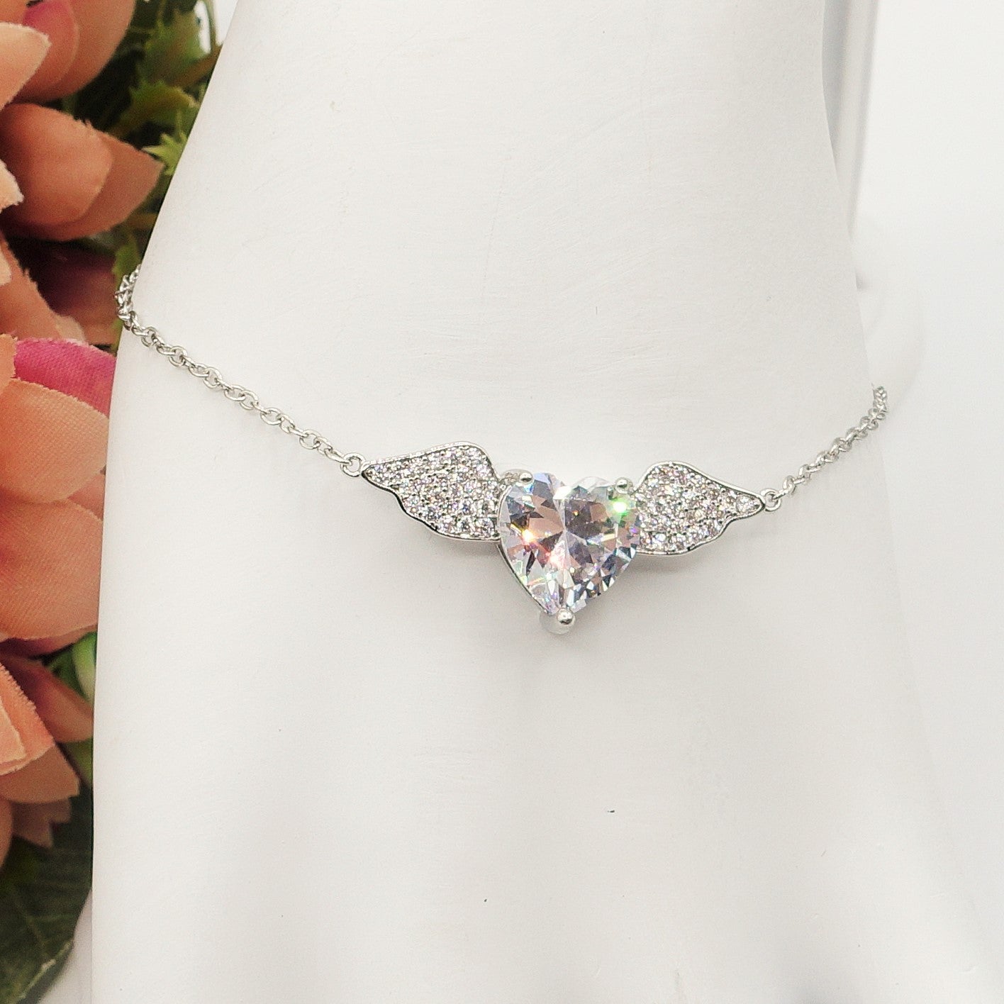 ANGEL CRYSTAL Bracciale - ACCIAIO INOSSIDABILE- Bracciale CUORE con ali in cubic zirconia