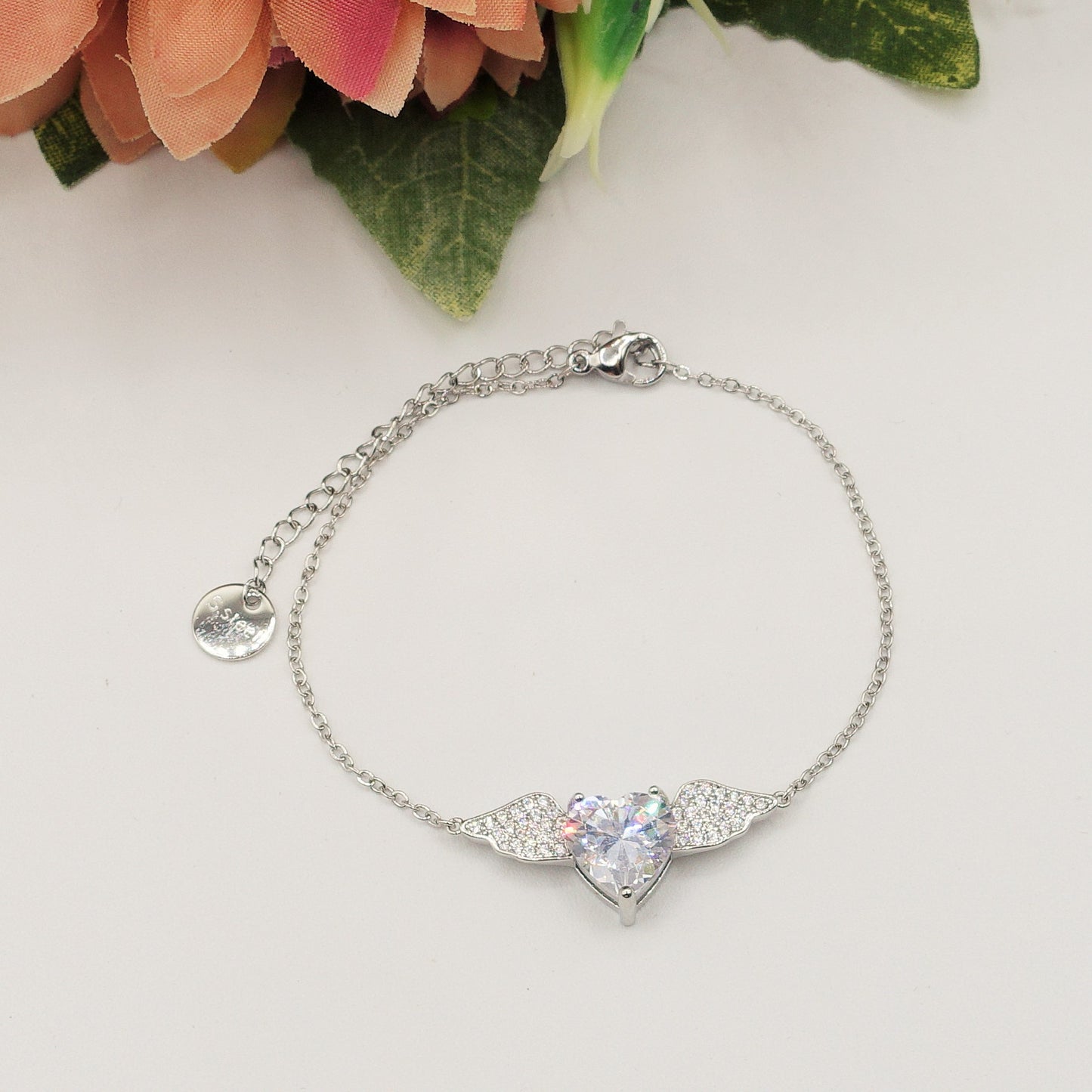 ANGEL CRYSTAL Bracciale - ACCIAIO INOSSIDABILE- Bracciale CUORE con ali in cubic zirconia