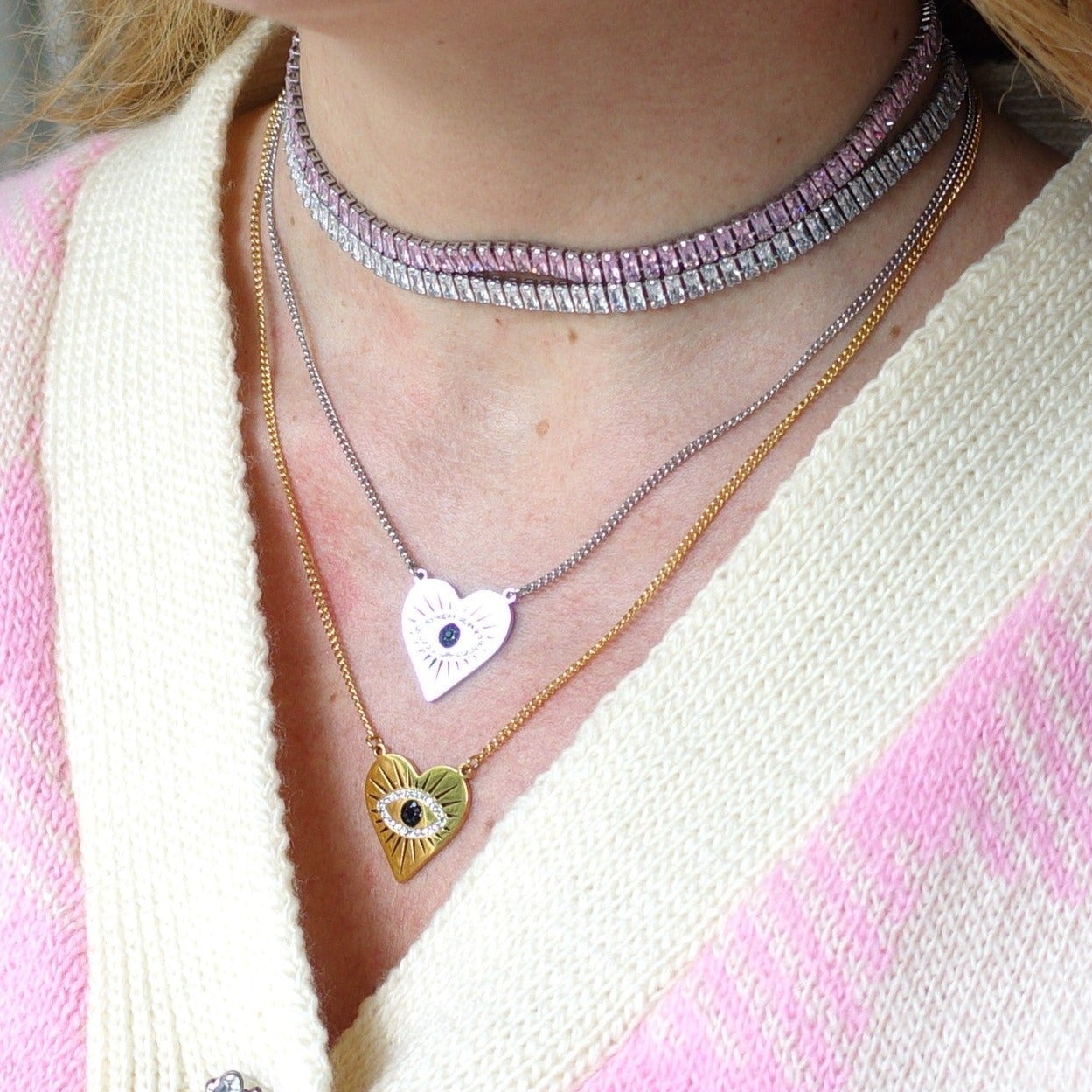 JULIANNE~ THE SET-2 PCS STAINLESS STEEL baguette shaped zirconia choker+baguette tennis bracelet