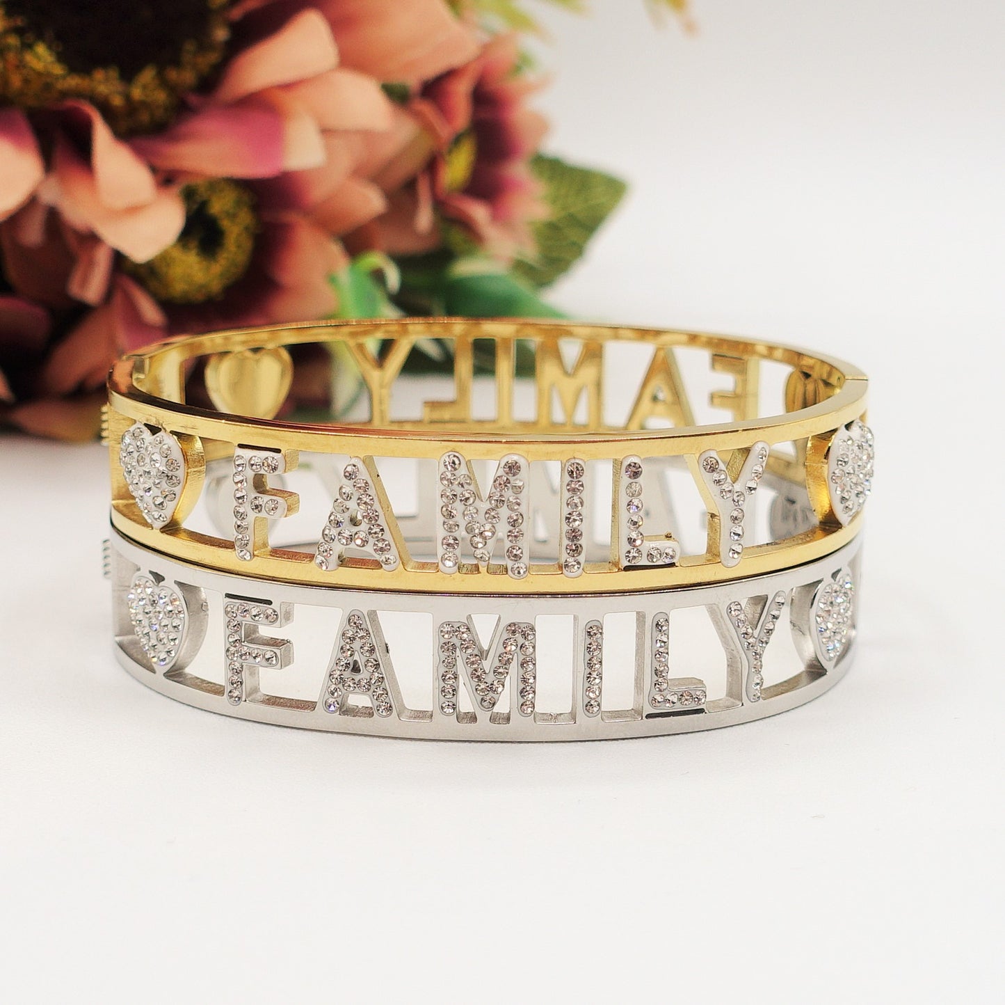 FAMILY BRACCIALE A MANETTA~ ACCIAIO INOSSIDABILE - CON SCRITTA FAMILY E ZIRCONI