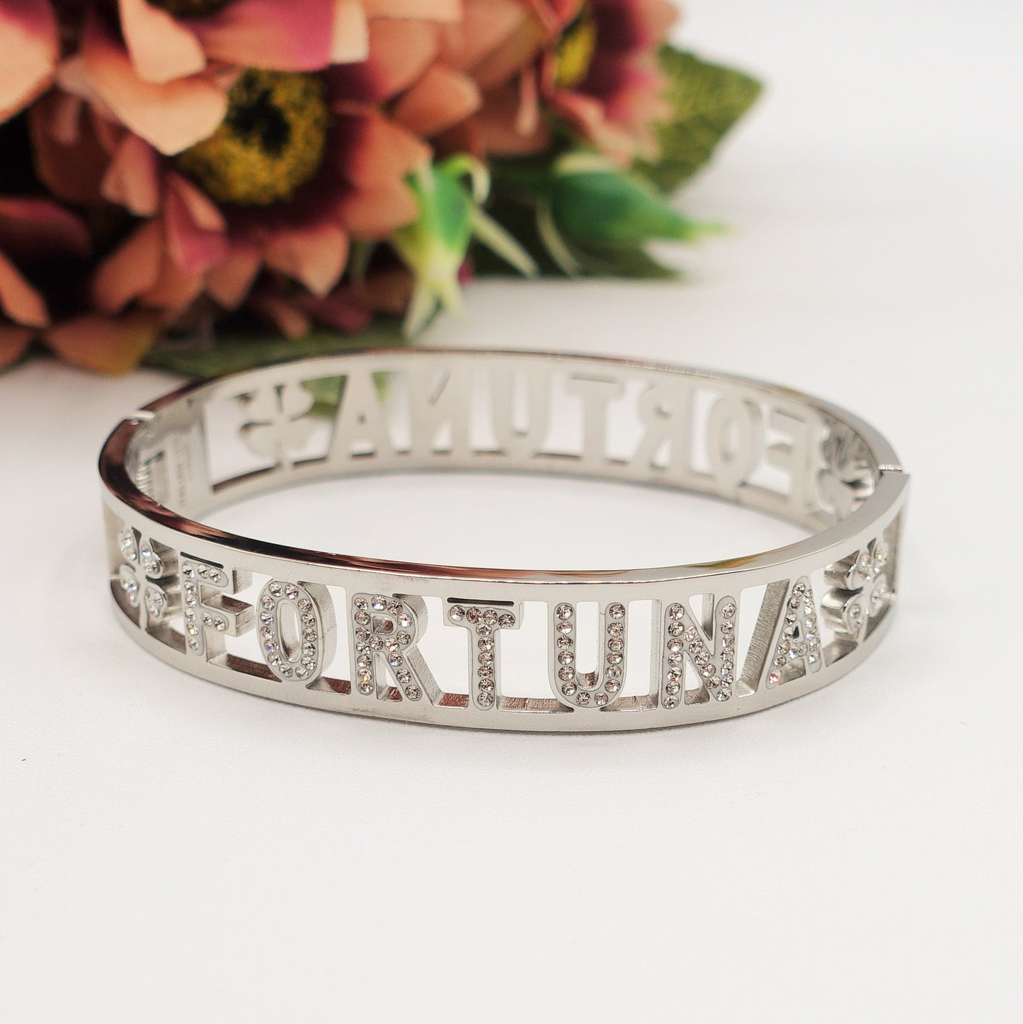 FORTUNA BRACCIALE A MANETTA~ ACCIAIO INOSSIDABILE - CON SCRITTA FORTUNA E ZIRCONI