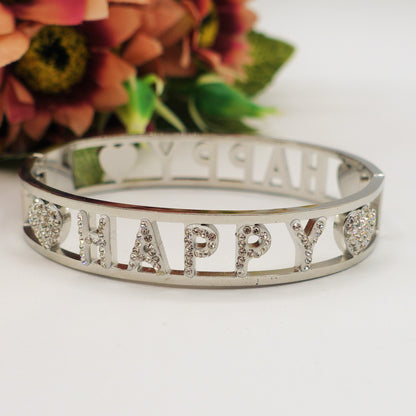 HAPPY BRACCIALE a MANETTA~ acciaio inossidabile - con scritta happy e zirconi