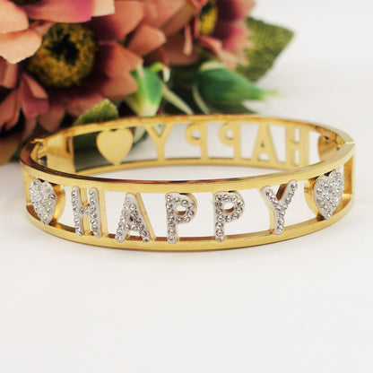 HAPPY BRACCIALE a MANETTA~ acciaio inossidabile - con scritta happy e zirconi