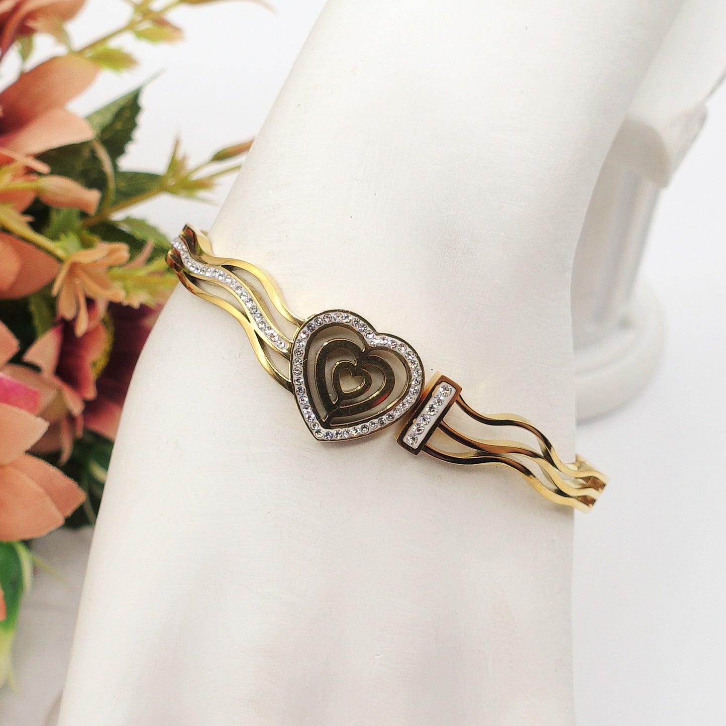 DORIS BRACCIALE a MANETTA ~ acciaio inossidabile - con cuore e zirconi