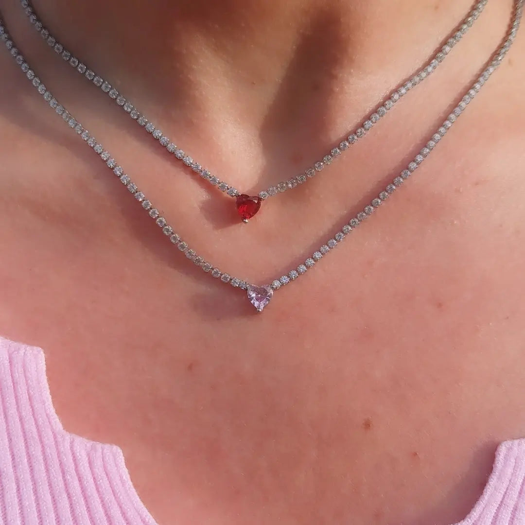 AURORA small ~ ACCIAIO INOSSIDABILE -Collana tennis in cubic zirconia con cuore centrale