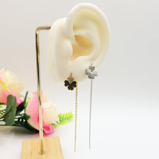 SHINY CLOVER - ACCIAIO inossidabile ~ Paio Orecchini filo pendenti con cubic zirconia - saliscendi