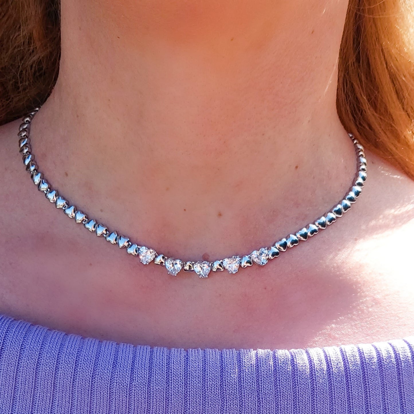 CLAIRE - Collier Tennis - Collana con cuoricini bombè e Cubic Zirconia a forma di cuore