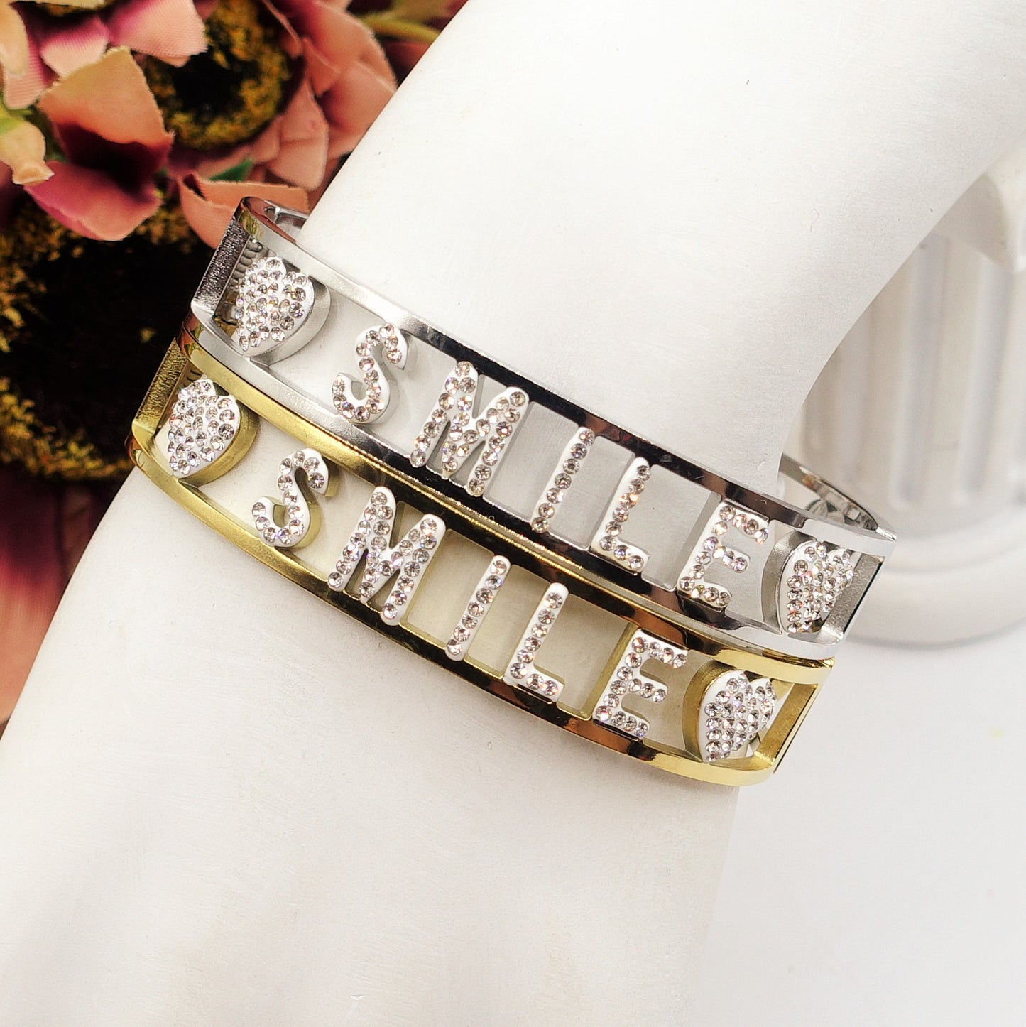 SMILEBracciale a manetta - Acciaio inossidabile - con scritta smile e zirconi
