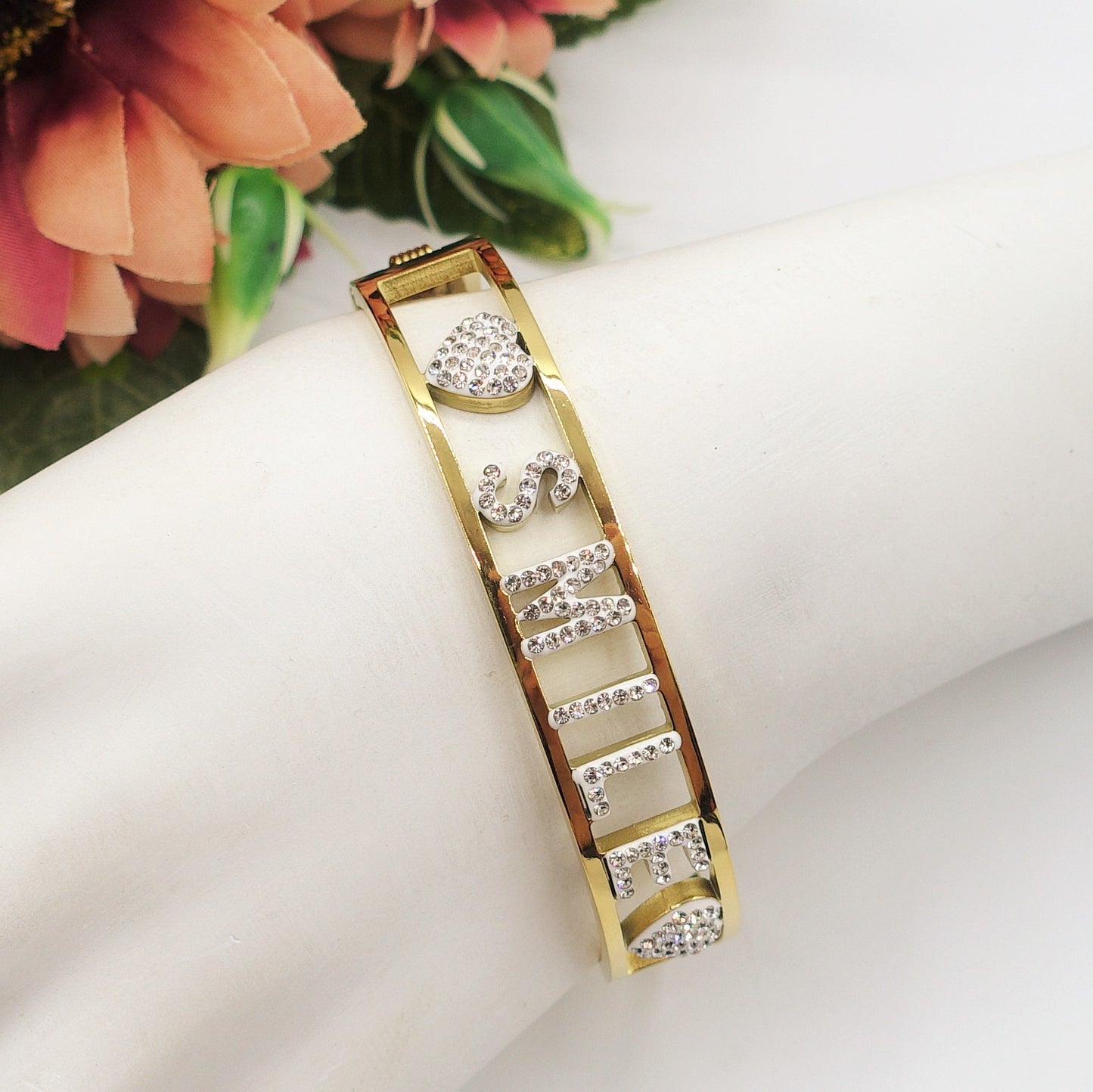 SMILEBracciale a manetta - Acciaio inossidabile - con scritta smile e zirconi