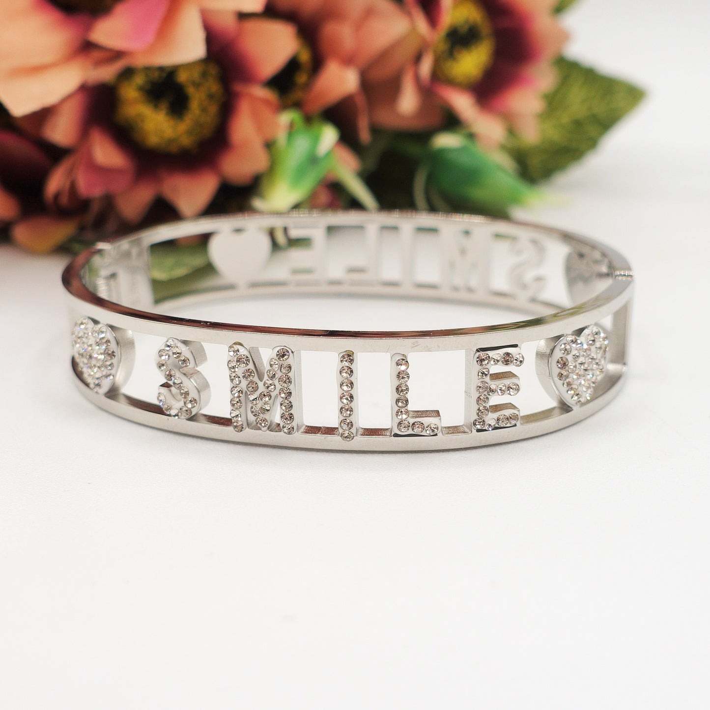 SMILEBracciale a manetta - Acciaio inossidabile - con scritta smile e zirconi